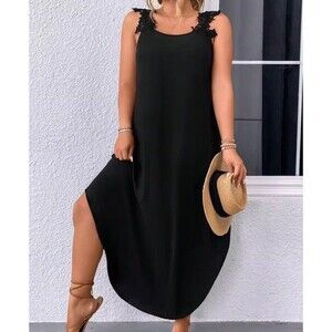 SHEIN LUNE Plus Appliques Curved Hem Black Floral Lace Strap Maxi Dress 3XL NEW